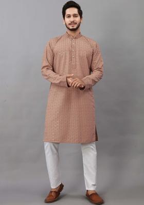 Brown Self Design Viscose Kurta Set For Men