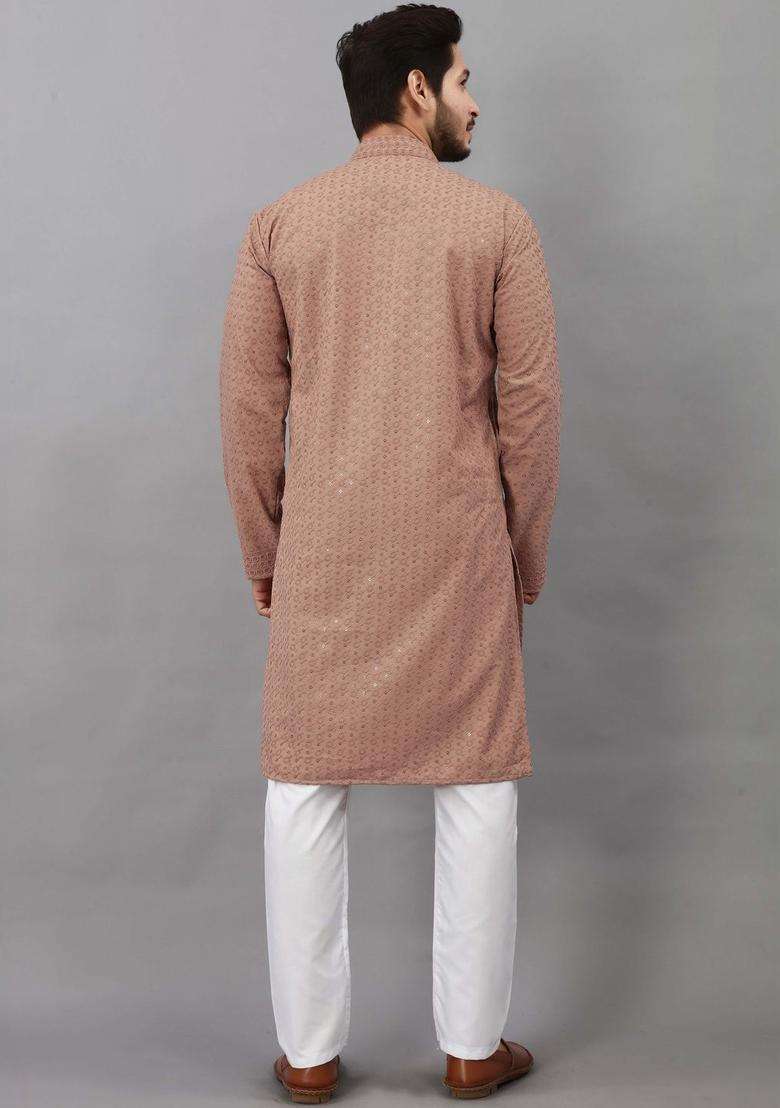Brown Self Design Viscose Kurta Set For Men - Indya