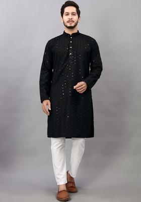 Black Self Design Viscose Kurta Set For Men