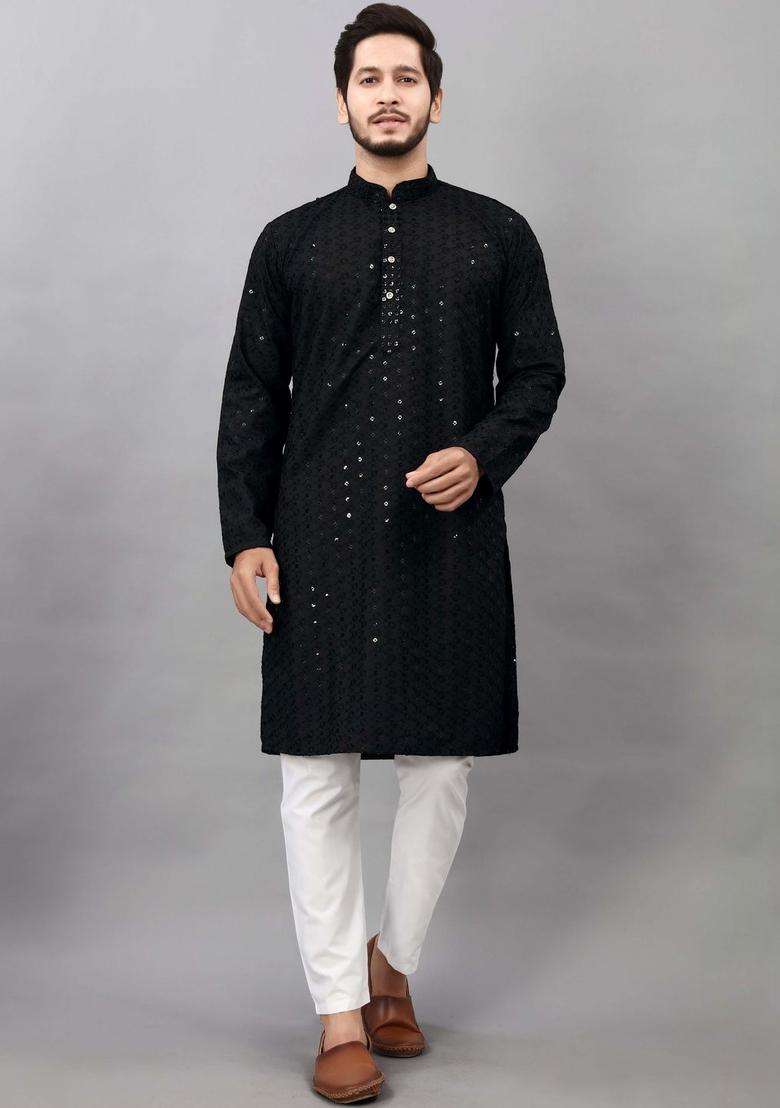 Black Self Design Viscose Kurta Set For Men - Indya