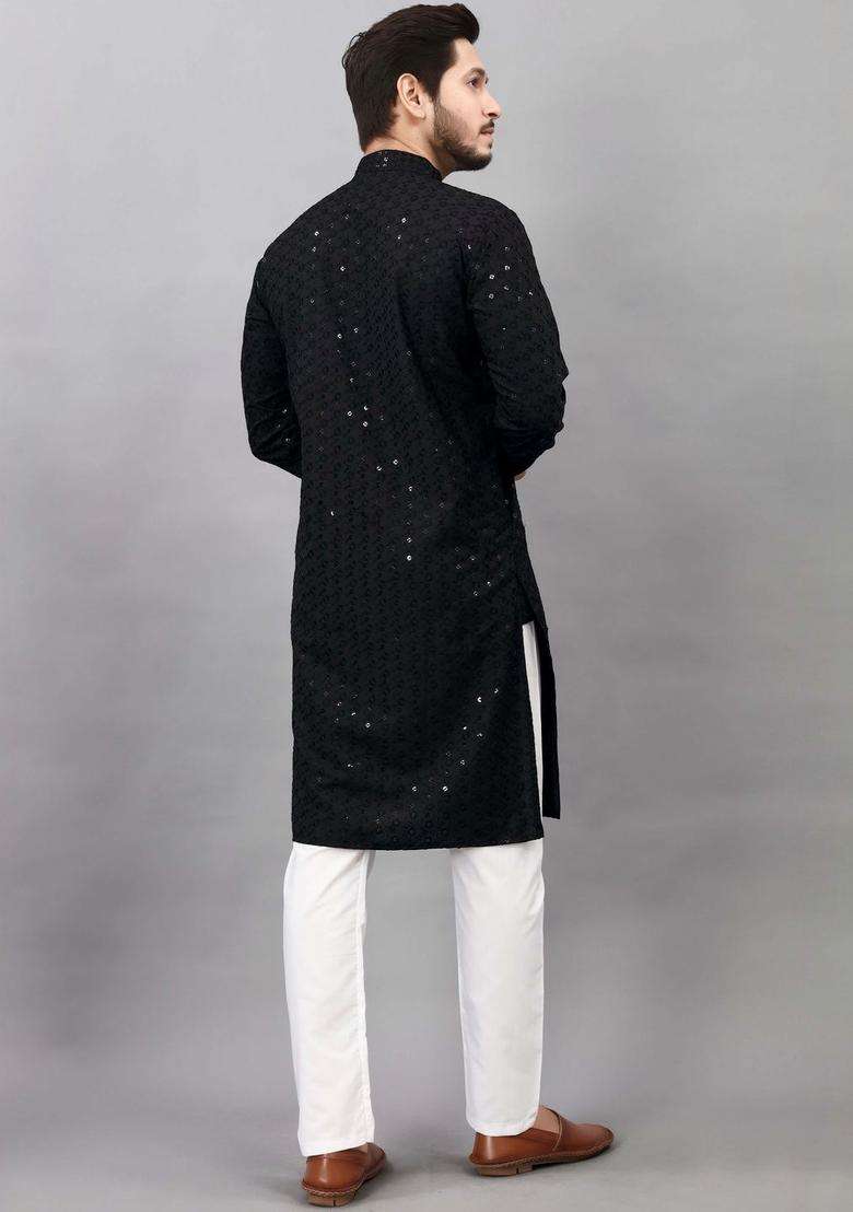 Black Self Design Viscose Kurta Set For Men - Indya