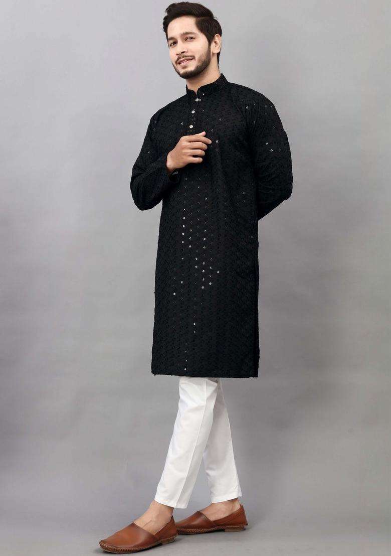 Black Self Design Viscose Kurta Set For Men - Indya