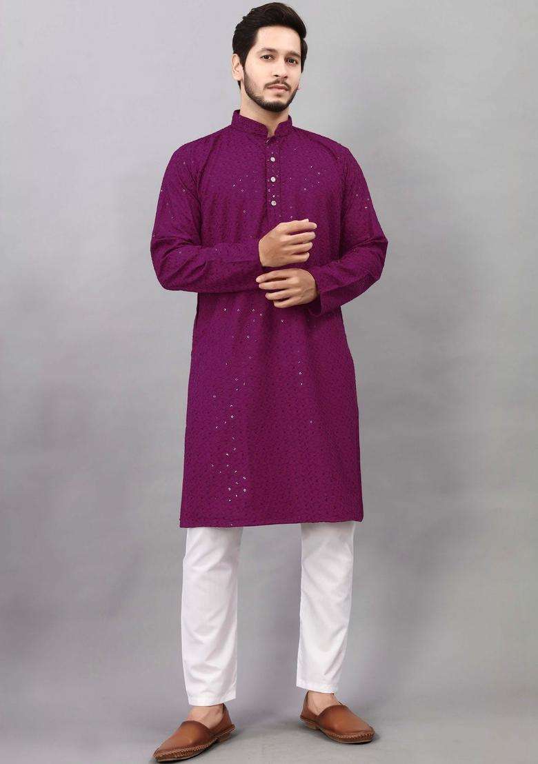 Purple Embroidered Viscose Kurta Set For Men - Indya
