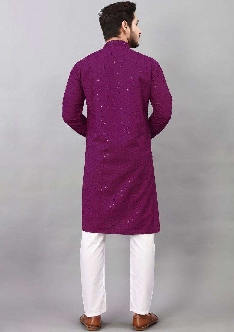Purple Embroidered Viscose Kurta Set For Men - Indya