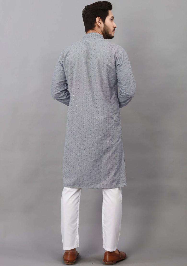 Grey Self Design Viscose Kurta Set For Men - Indya