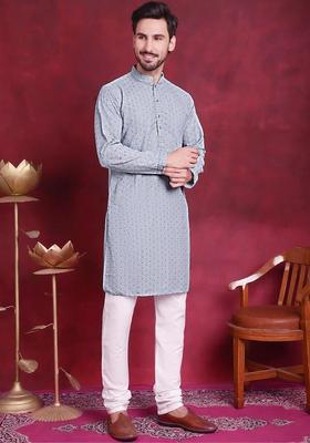 Blue Embroidered Viscose Kurta Set For Men