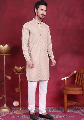 Beige Self Design Viscose Kurta Set For Men