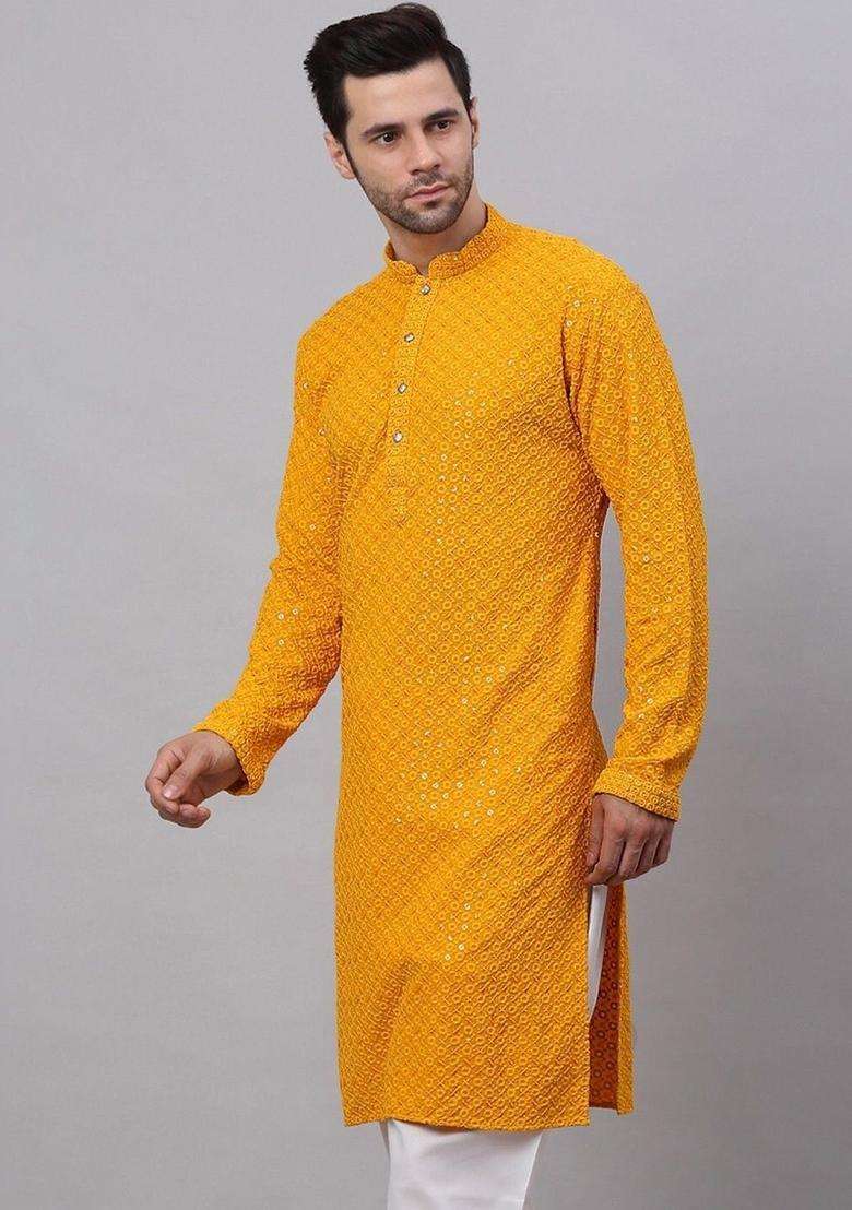 Yellow Embroidered Viscose Kurta Set For Men - Indya