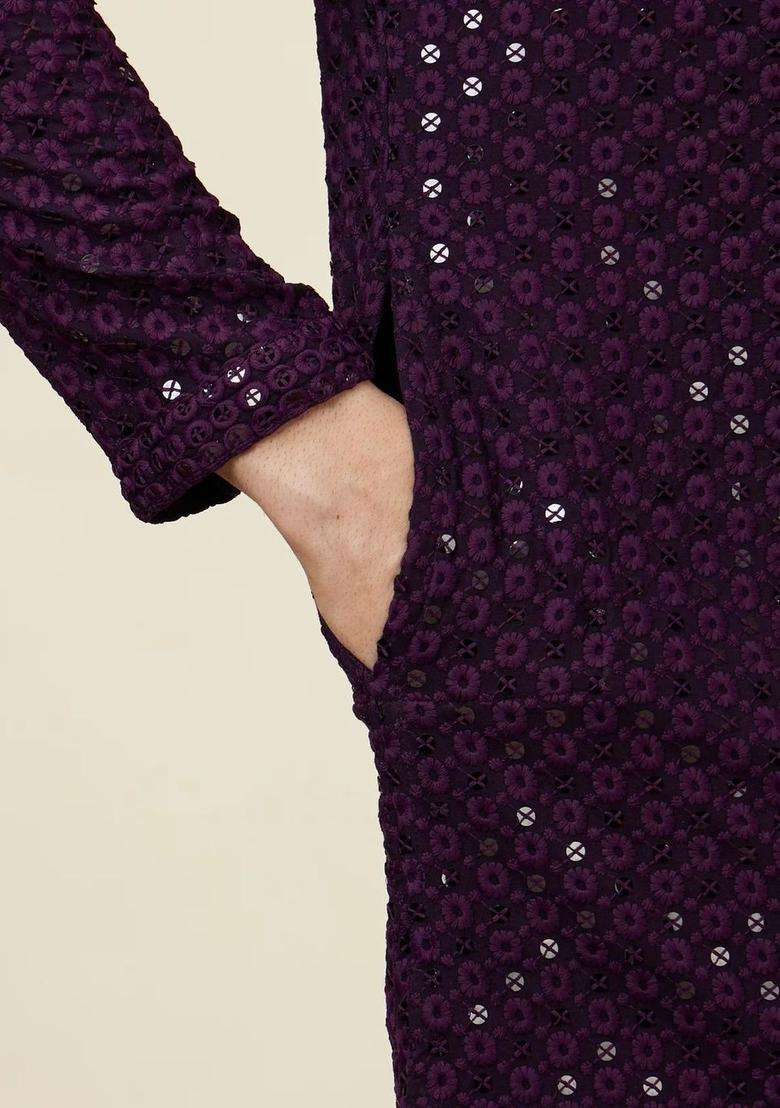 Purple Self Design Viscose Kurta Set For Men - Indya