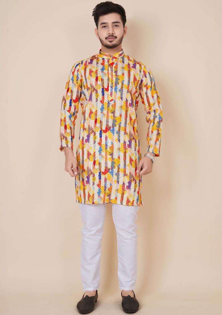 Multi Printed Viscose Kurta Set For Men - Indya