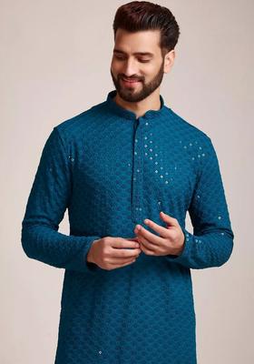 Teal Self Design Viscose Kurta Set For Men