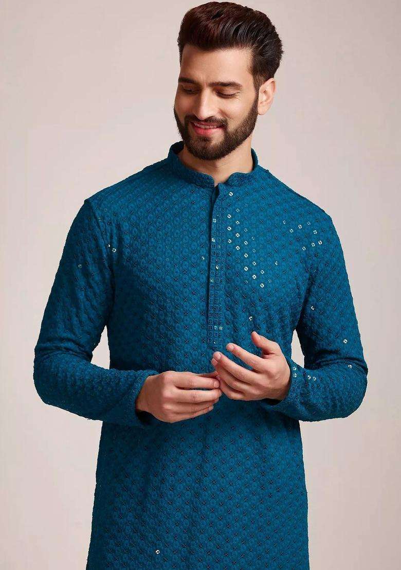 Teal Self Design Viscose Kurta Set For Men - Indya