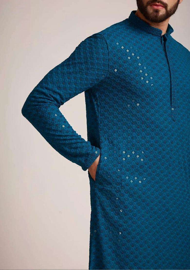Teal Self Design Viscose Kurta Set For Men - Indya
