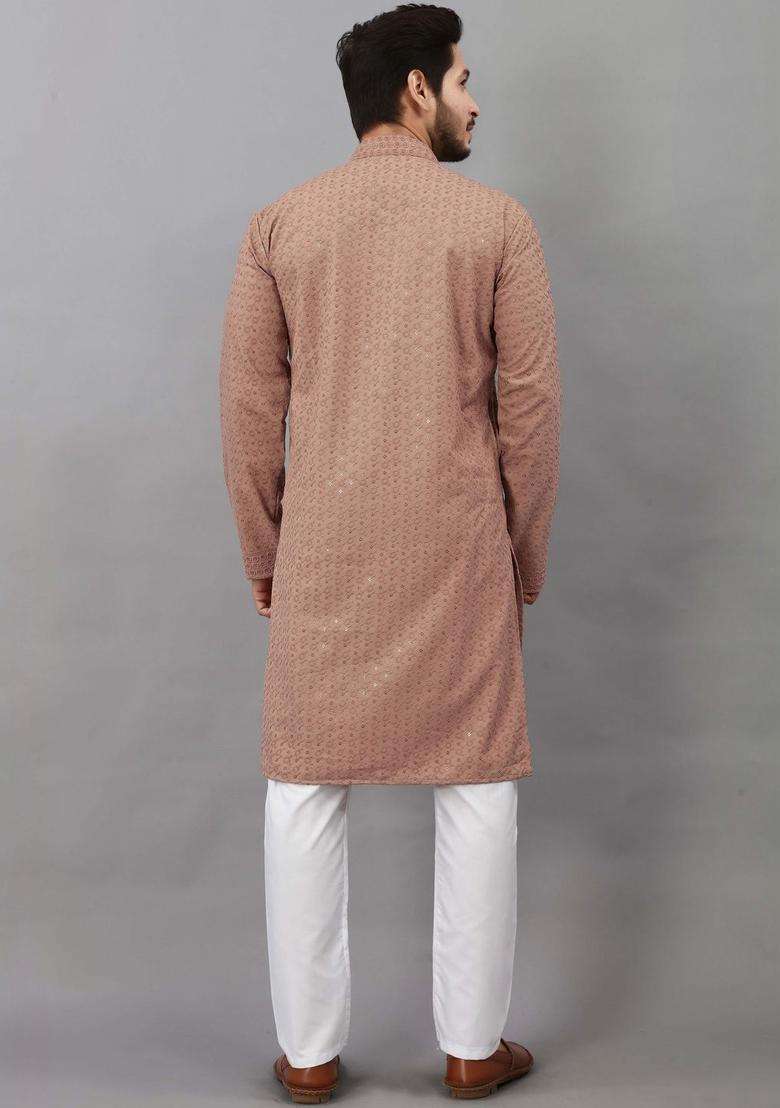 Brown Embroidered Viscose Kurta Set For Men - Indya
