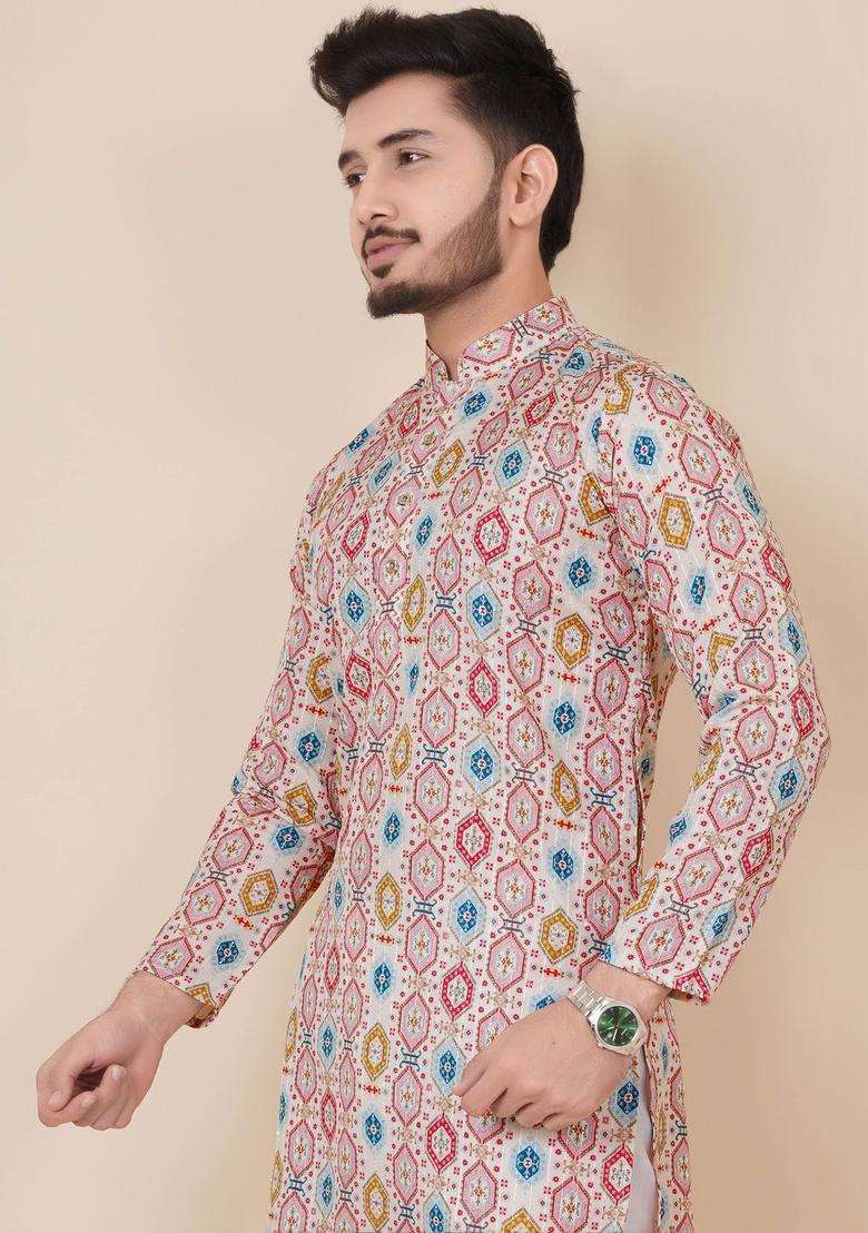 Multi Printed Viscose Kurta Set For Men - Indya