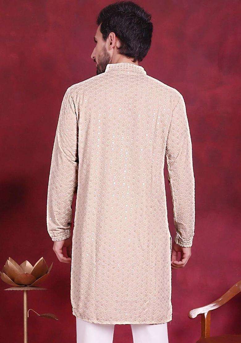 Beige Embroidered Viscose Kurta Set For Men - Indya