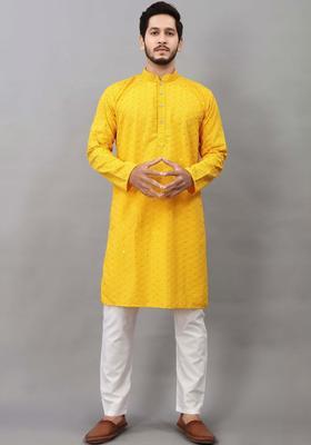Yellow Embroidered Viscose Kurta Set For Men