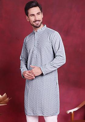 Light Blue Embroidered Viscose Kurta Set For Men