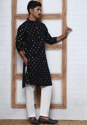 Black Printed Silk Kurta Set For Men