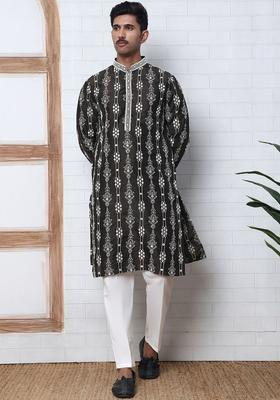 Black Printed Silk Kurta Set For Men