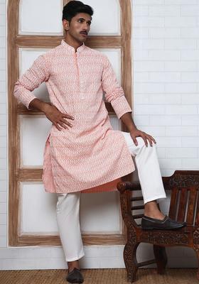 Peach Embroidered Viscose Kurta Set For Men