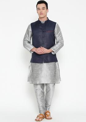Grey Woven Design Silk Kurta Set For Men