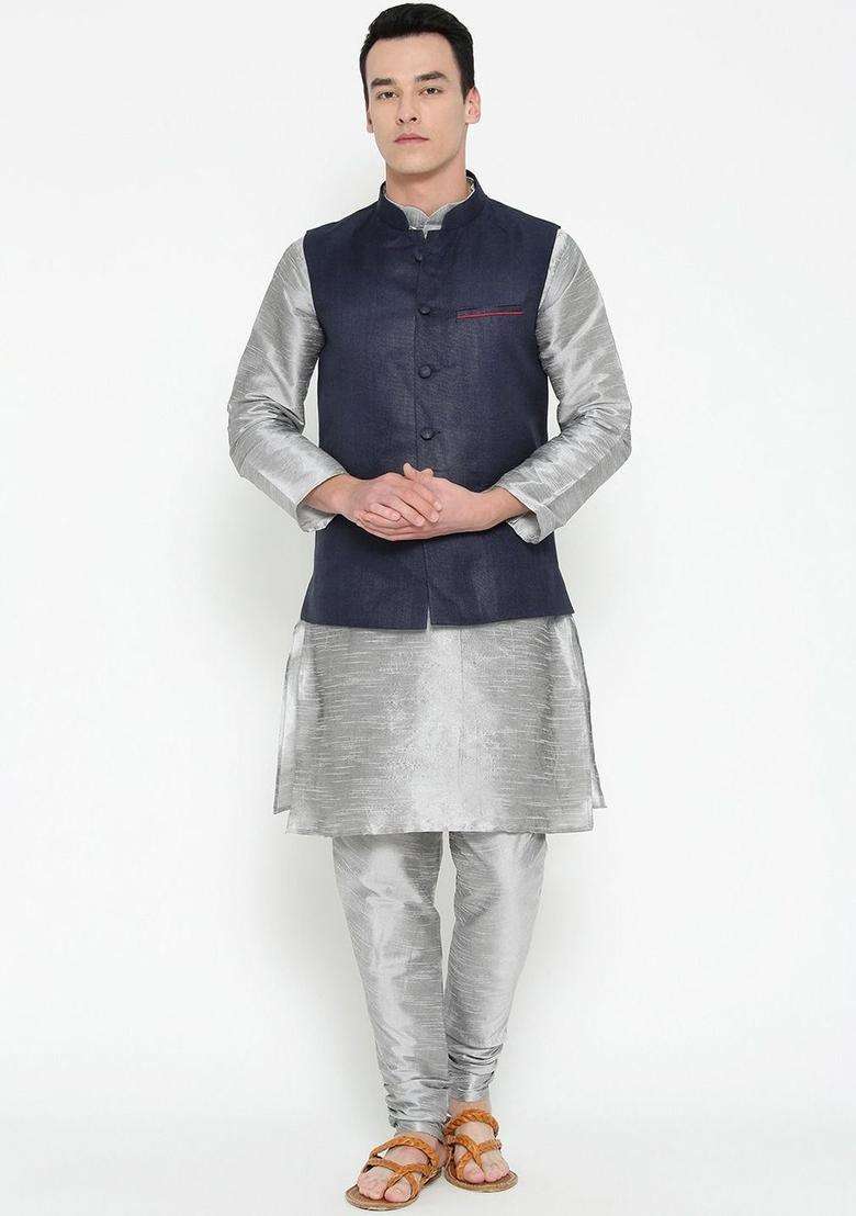 Grey Woven Design Silk Blend Kurta Set For Men - Indya