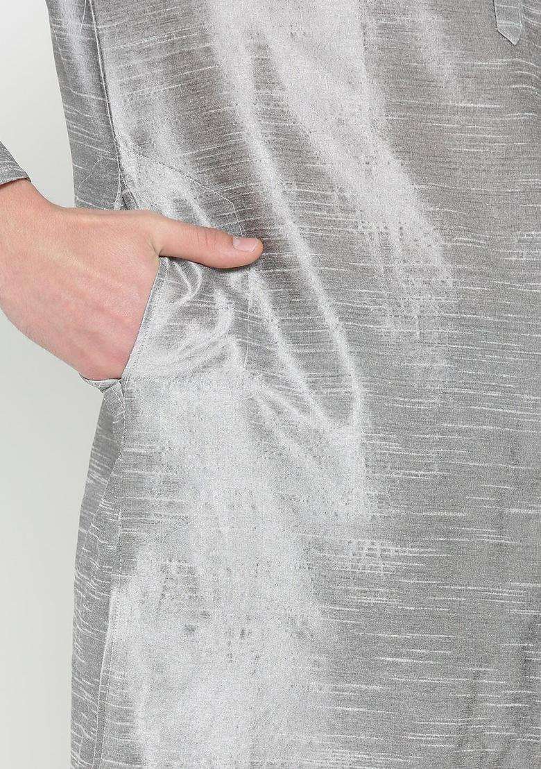 Grey Woven Design Silk Blend Kurta Set For Men - Indya