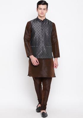 Brown Self Design Silk Kurta Set For Men
