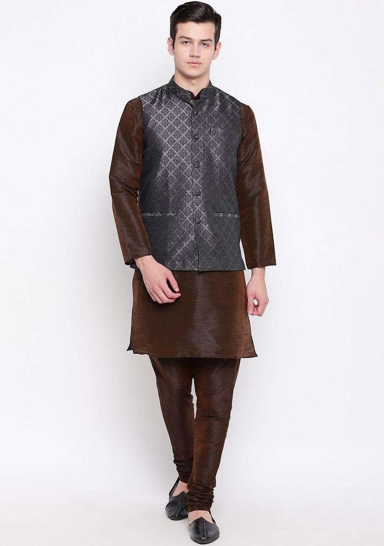 Brown Self Design Silk Blend Kurta Set For Men - Indya