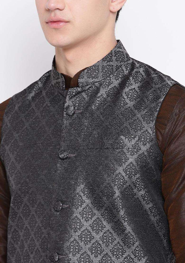 Brown Self Design Silk Blend Kurta Set For Men - Indya