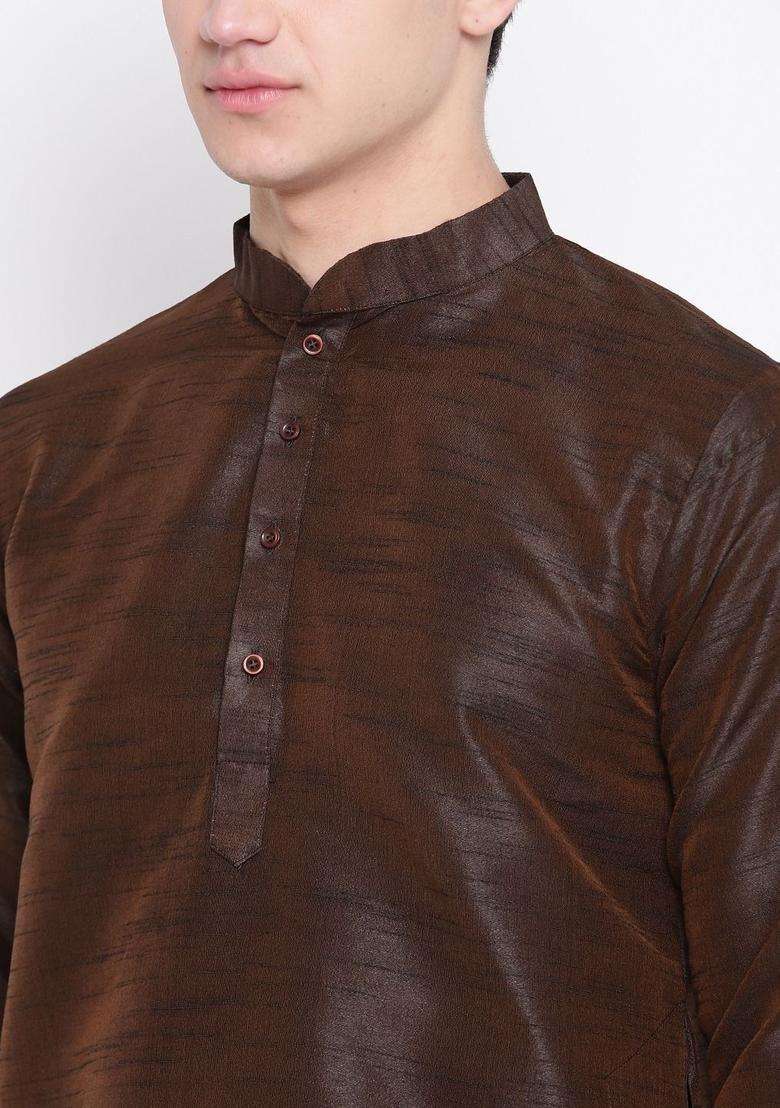 Brown Self Design Silk Blend Kurta Set For Men - Indya