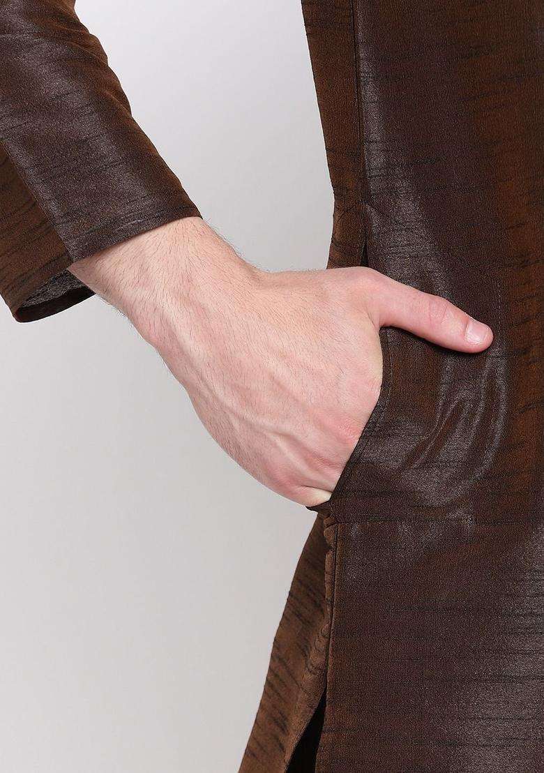 Brown Self Design Silk Blend Kurta Set For Men - Indya
