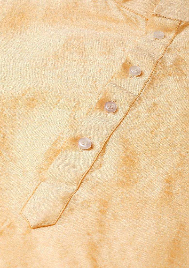 Gold Solid Silk Blend Kurta Set For Men - Indya