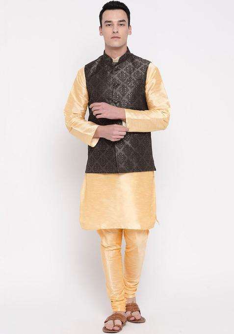 Gold Solid Silk Blend Kurta Set For Men