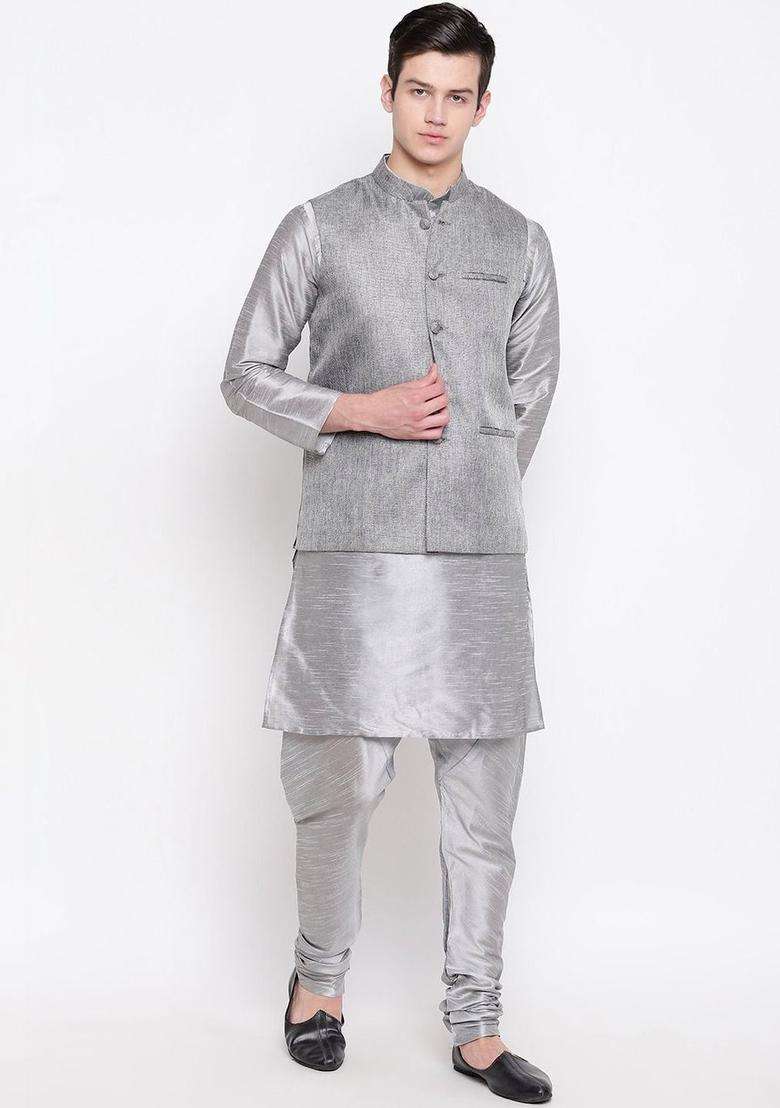 Silver Dyed Silk Blend Kurta Set For Men - Indya