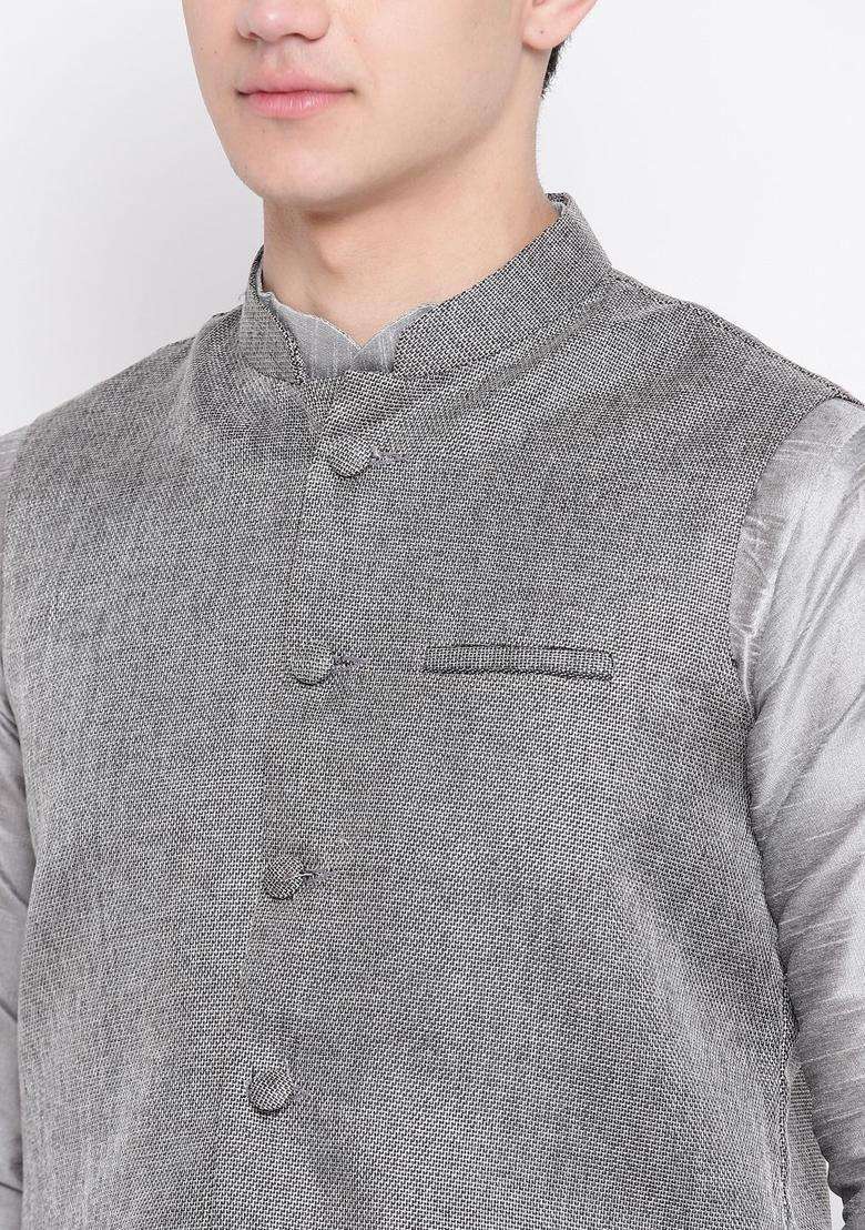Silver Dyed Silk Blend Kurta Set For Men - Indya