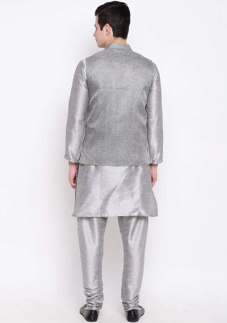 Silver Dyed Silk Blend Kurta Set For Men - Indya