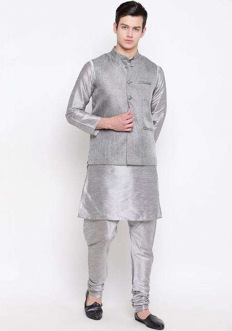 Silver Dyed Silk Blend Kurta Set For Men