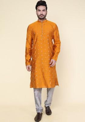 Gold Woven Design Silk Kurta Set For Men