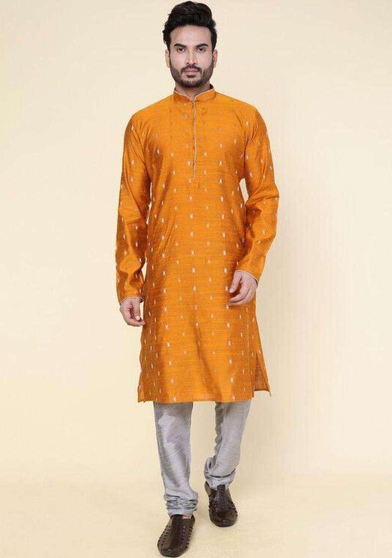 Gold Woven Design Silk Kurta Set For Men - Indya