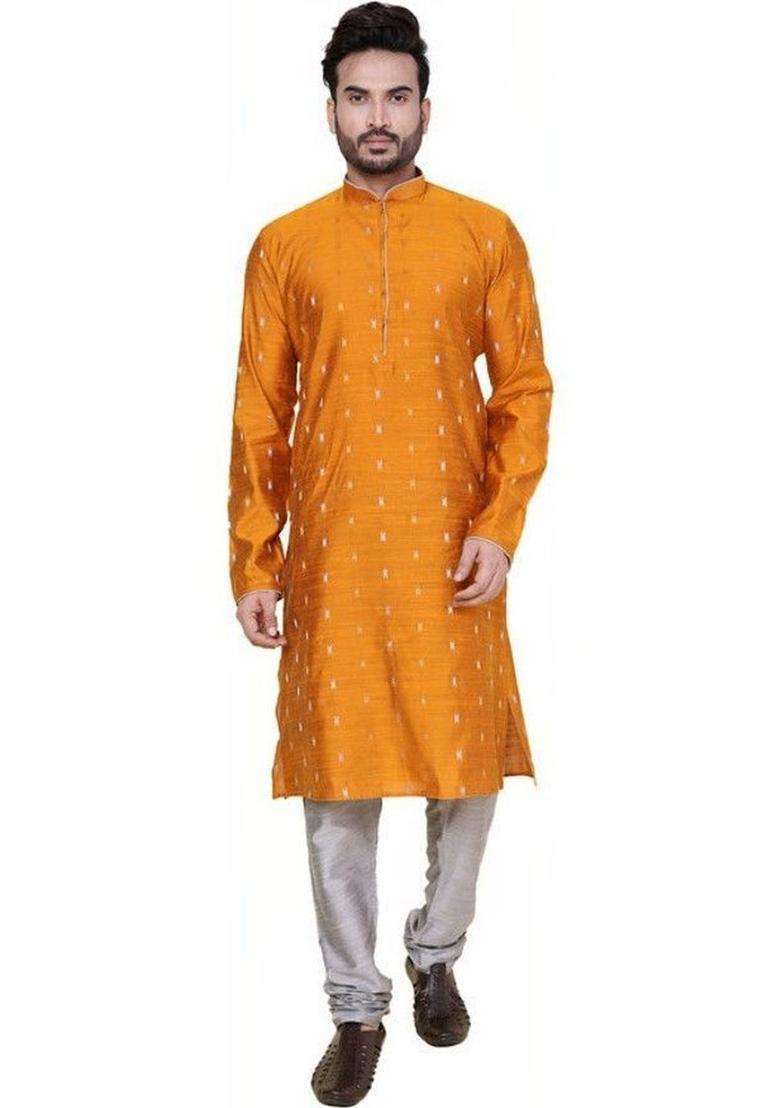 Gold Woven Design Silk Kurta Set For Men - Indya