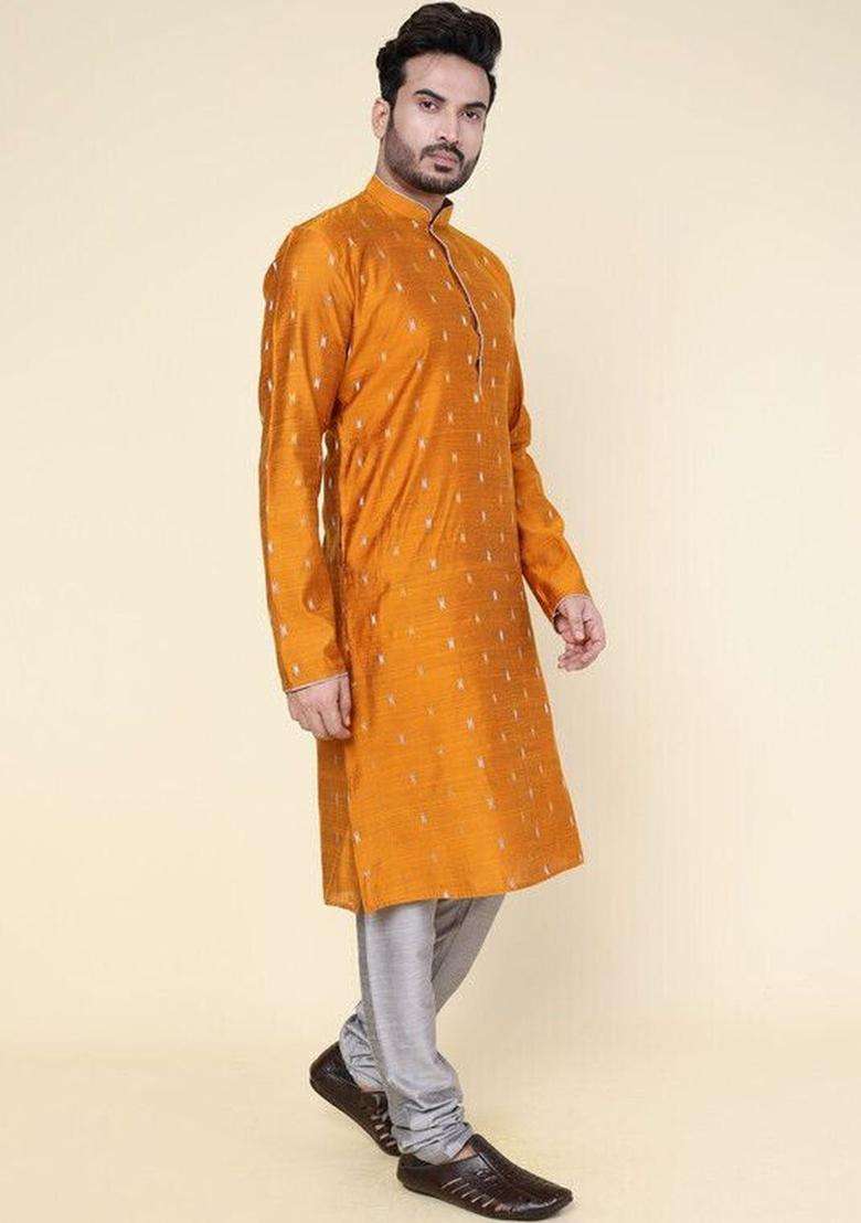 Gold Woven Design Silk Kurta Set For Men - Indya