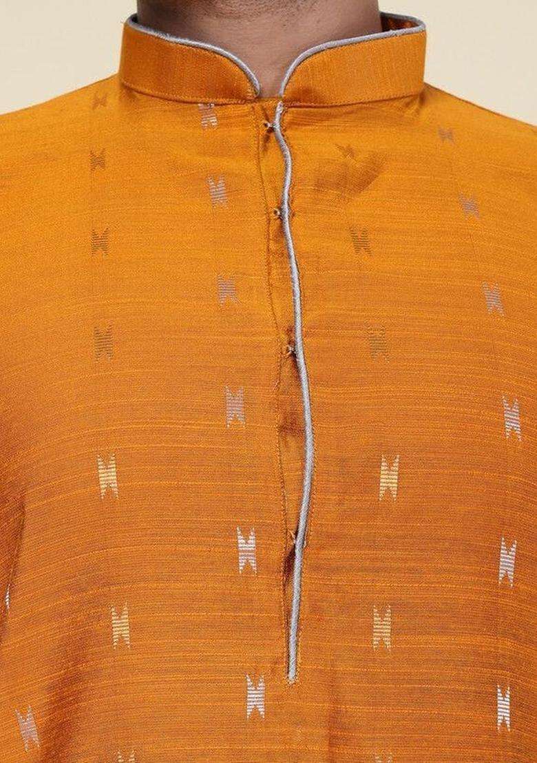 Gold Woven Design Silk Kurta Set For Men - Indya