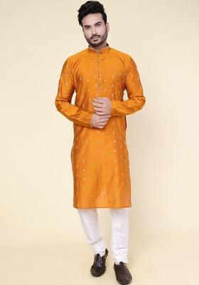 Yellow Woven Design Silk Kurta Set For Men