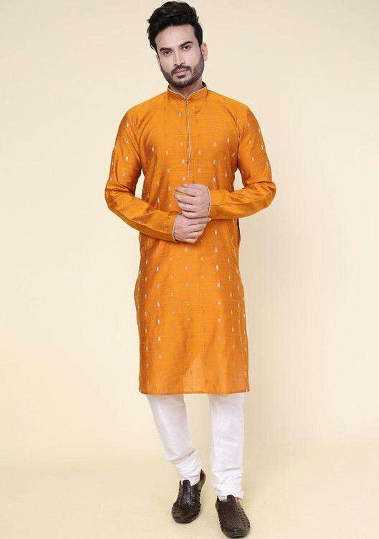 Yellow Woven Design Silk Kurta Set For Men - Indya