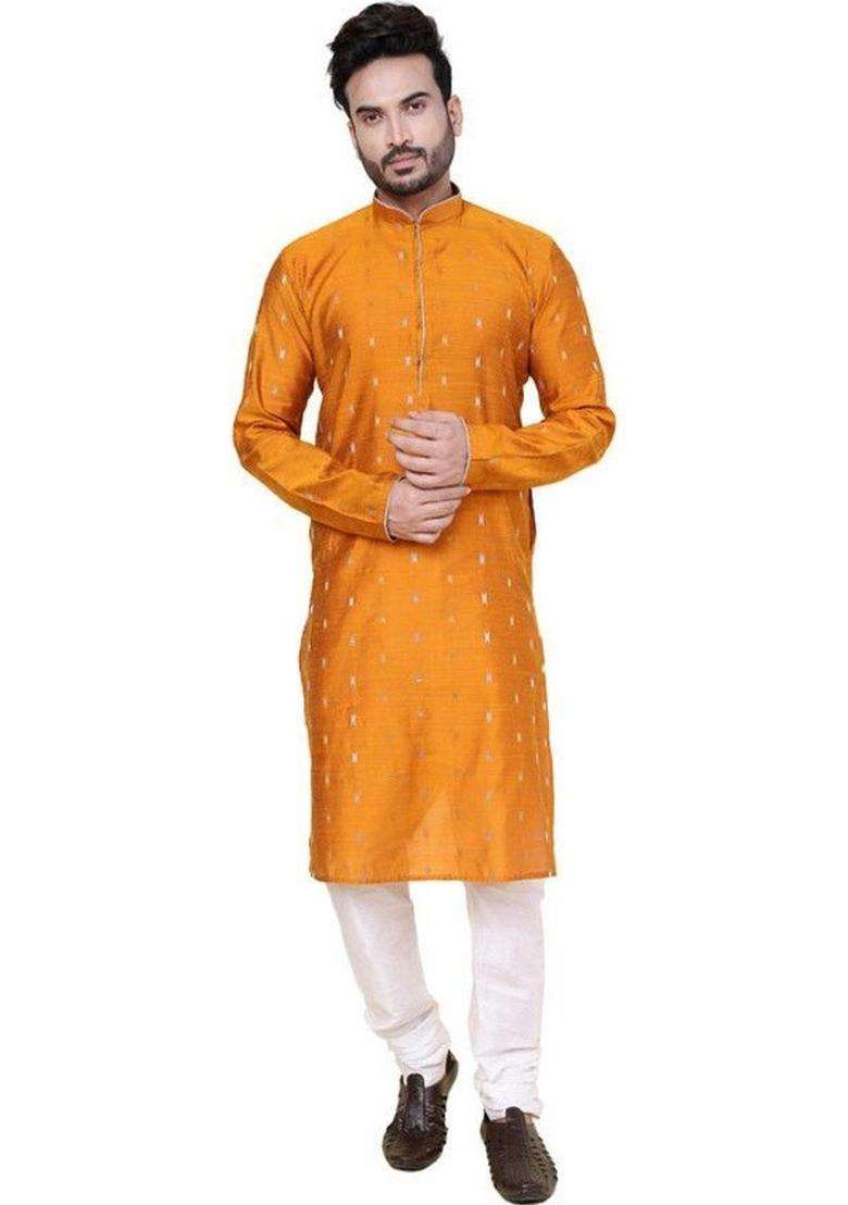 Yellow Woven Design Silk Kurta Set For Men - Indya