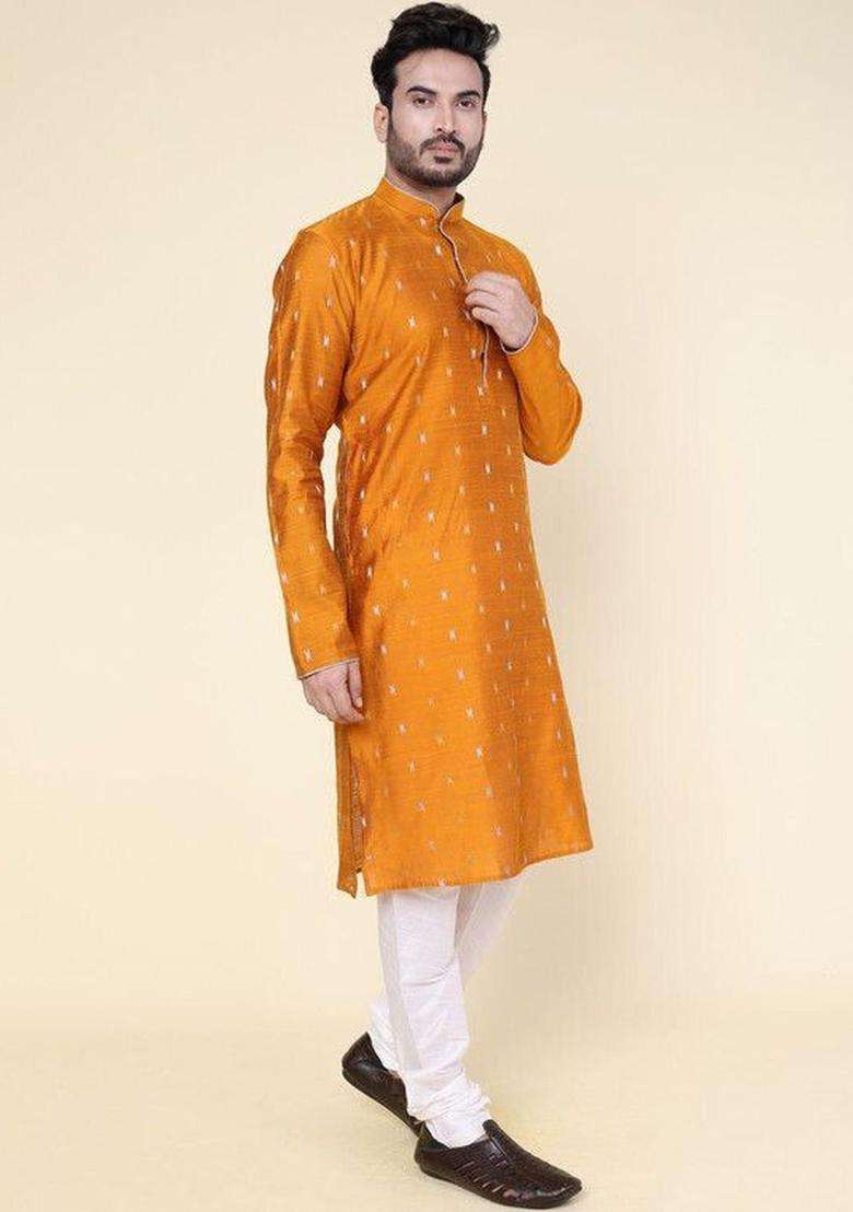 Yellow Woven Design Silk Kurta Set For Men - Indya