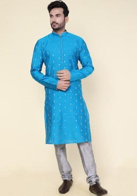 Turquoise Blue Woven Design Silk Kurta Set For Men