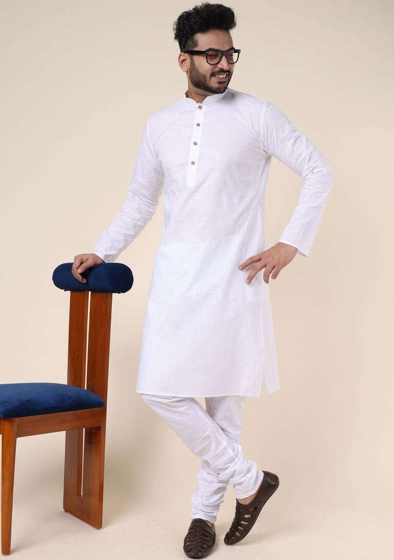 White Self Design Silk Blend Kurta Set For Men - Indya